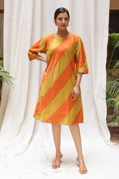 Chanderi Silk Bias Striped Short Dress in Shades of Orange and Yellow