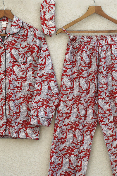 Cotton Bird Print Night Suit with Eye Mask in Maroon
