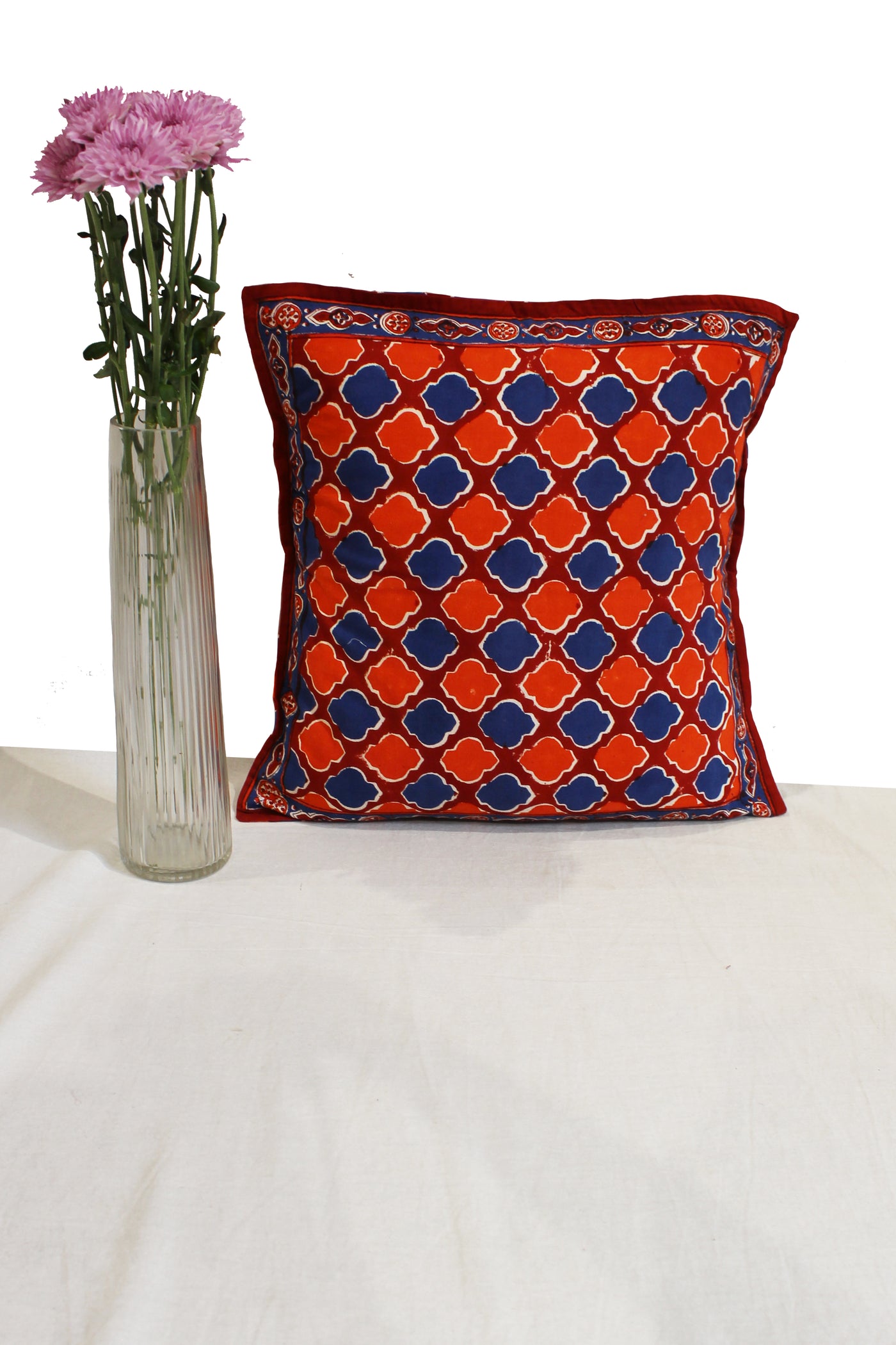 Cotton Hand Block Print Cushion Cover in Shade of Red and Blue