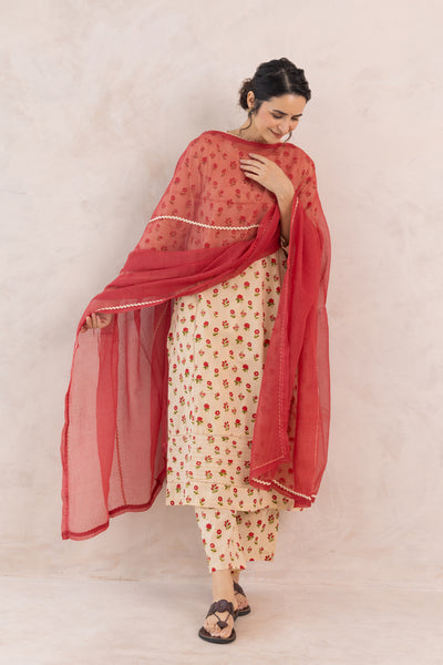 Cotton Mahin Buti Print Kurta Set in Shades of Beige & Red