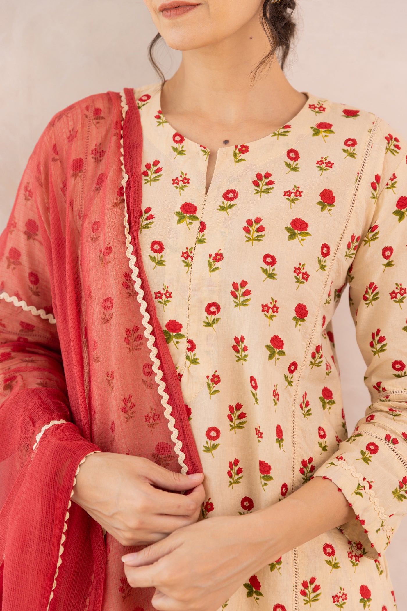 Cotton Mahin Buti Print Kurta Set in Shades of Beige & Red