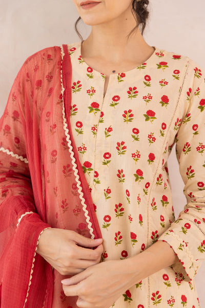 Cotton Mahin Buti Print Kurta Set in Shades of Beige & Red