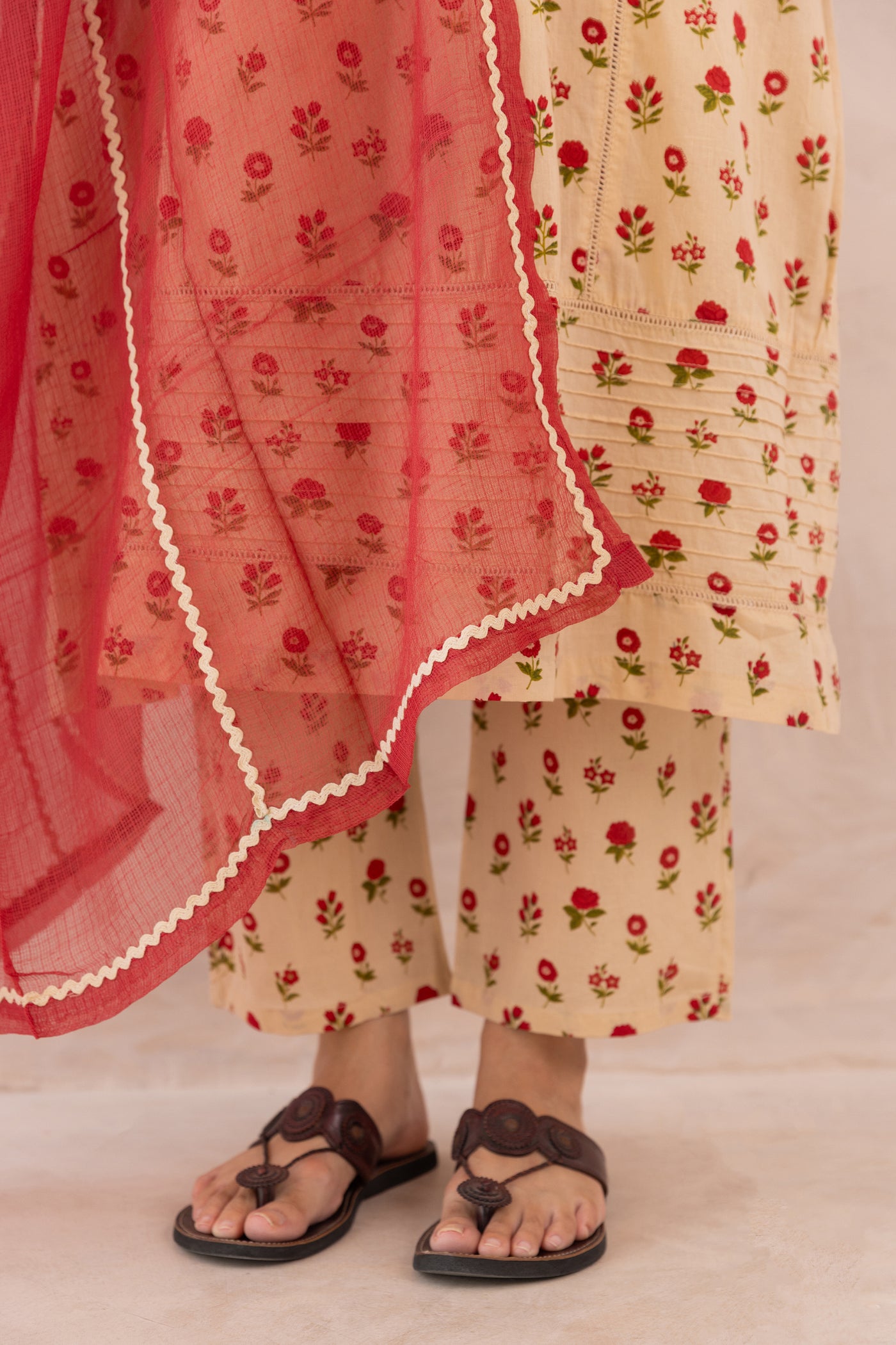 Cotton Mahin Buti Print Kurta Set in Shades of Beige & Red