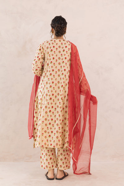 Cotton Mahin Buti Print Kurta Set in Shades of Beige & Red