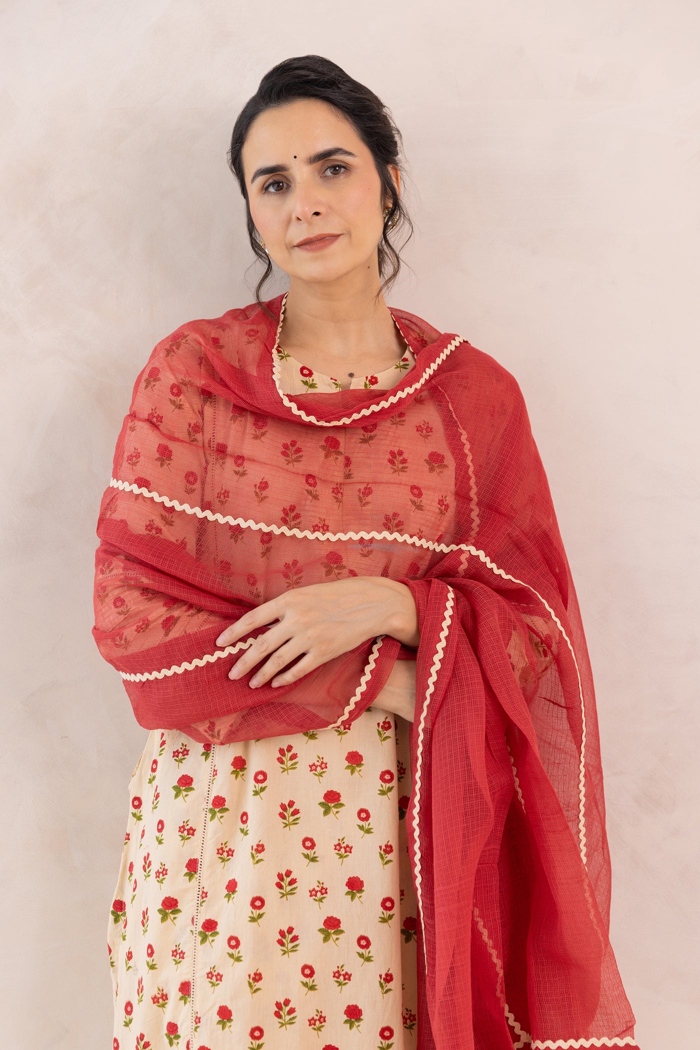 Cotton Mahin Buti Print Kurta Set in Shades of Beige & Red