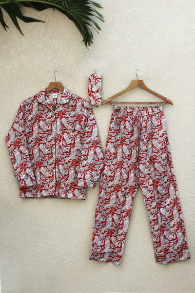 Cotton Bird Print Night Suit with Eye Mask in Maroon