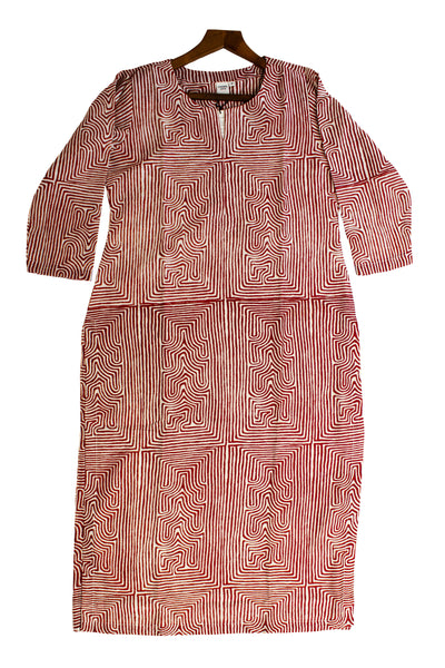 Chanderi Silk Geometric Block Print Kurta in Red
