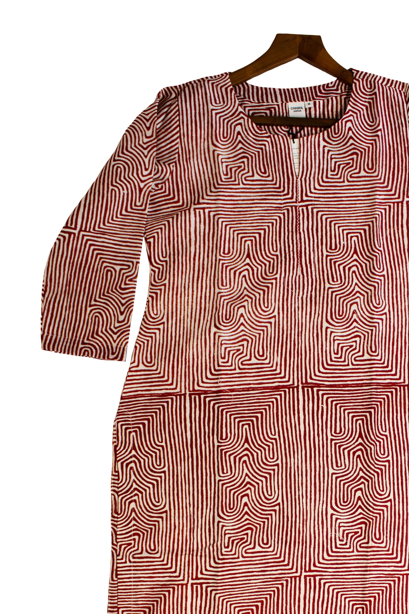 Chanderi Silk Geometric Block Print Kurta in Red
