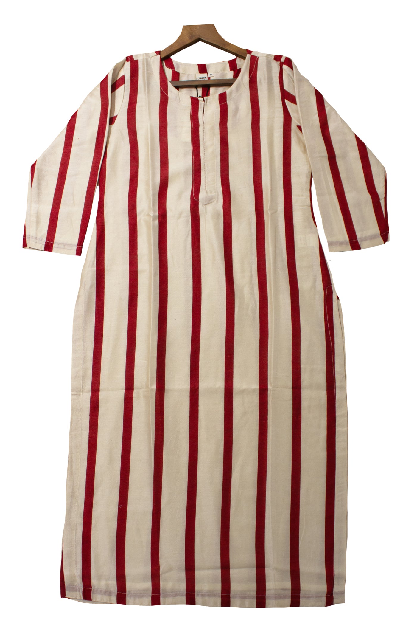 Chanderi Silk Stripe Block Print Kurta in Red