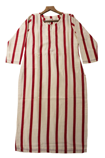 Chanderi Silk Stripe Block Print Kurta in Red