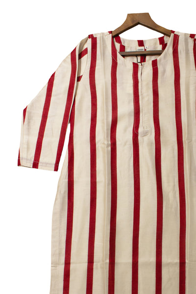 Chanderi Silk Stripe Block Print Kurta in Red