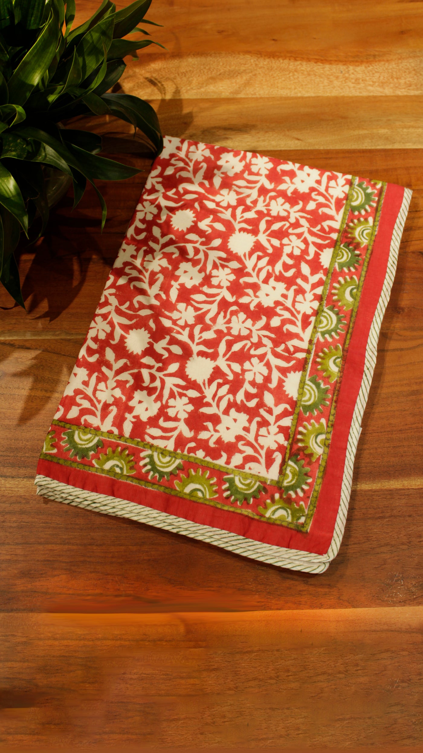 Cotton Floral Jaal Block Print Towel in Red
