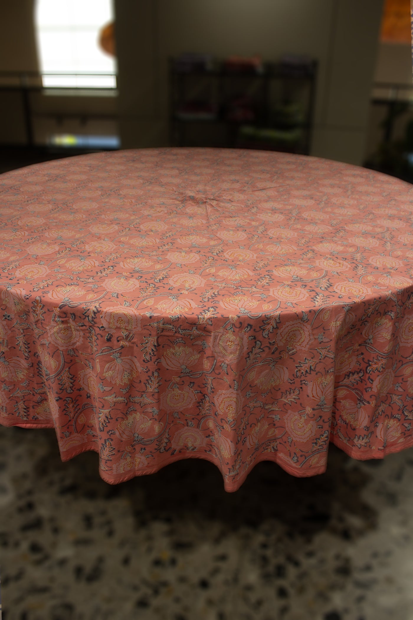 Round Table Cover Jaal Print in Coral Pink