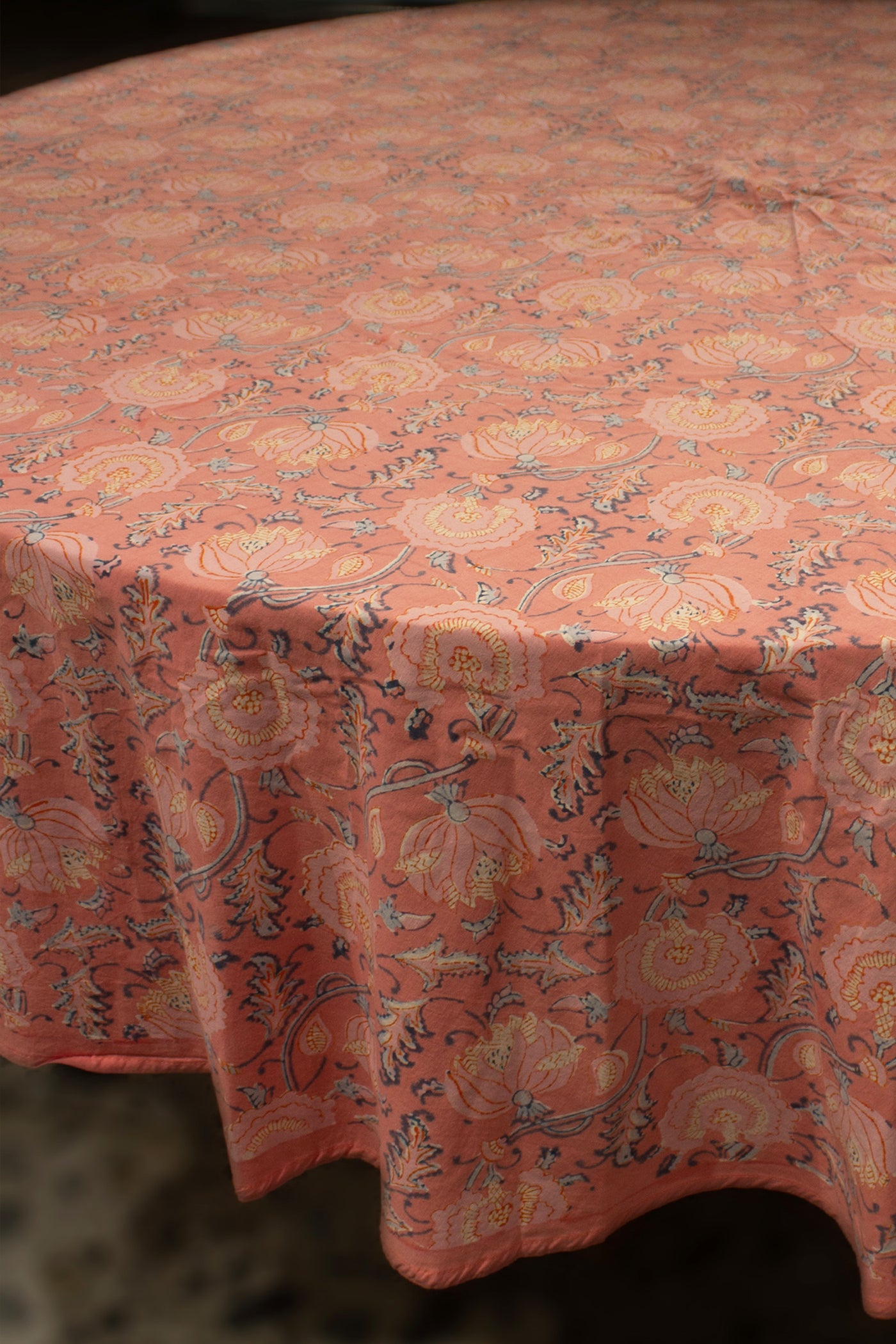 Round Table Cover Jaal Print in Coral Pink