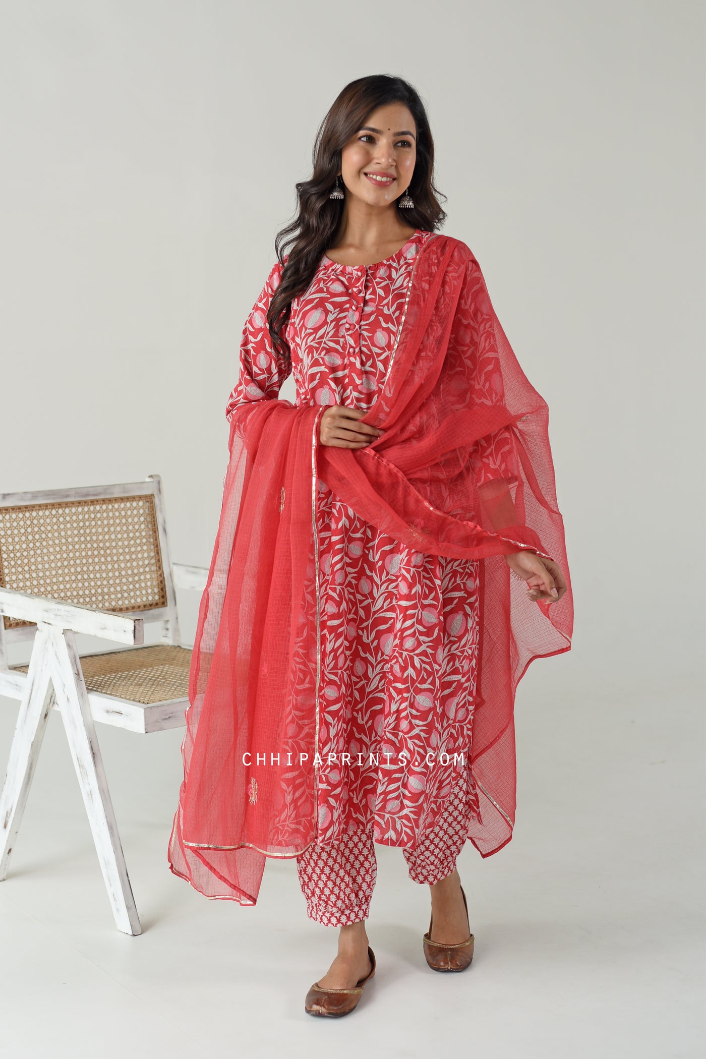 Cotton Anar Jaal Kurta Set in Red (Set of 3)