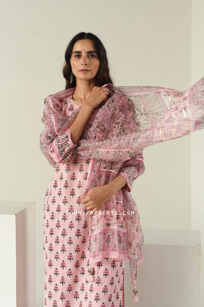 Cotton Gud Buti Block Print Suit Set in Shades of Baby Pink