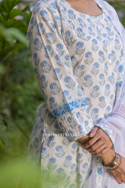 Cotton Buti Print Kurta Set in Shades of Powder Blue