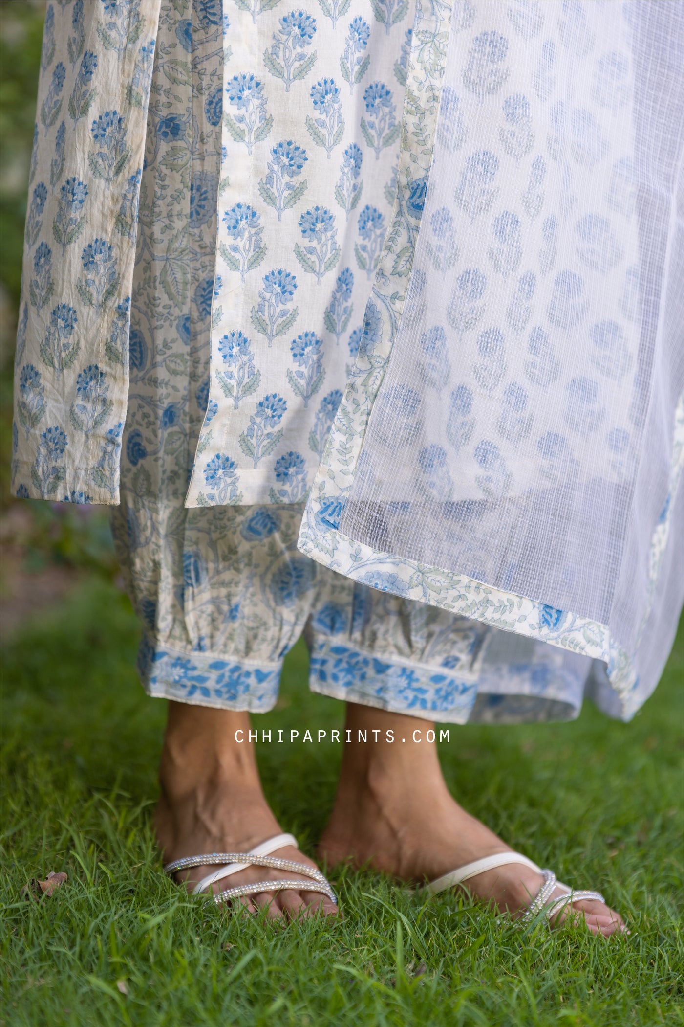 Cotton Buti Print Kurta Set in Shades of Powder Blue