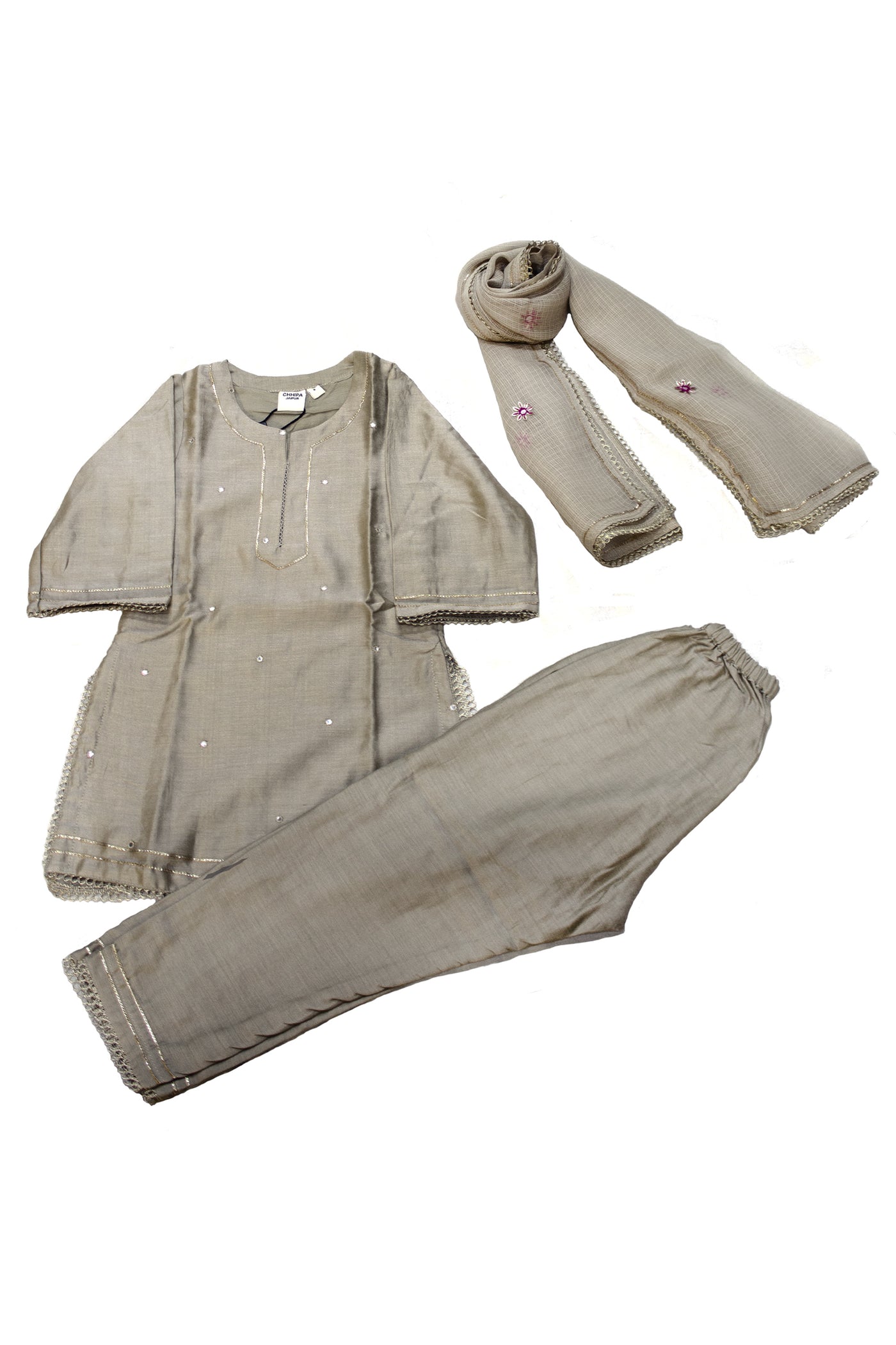Chanderi Silk Mirror Work and Gota Lace Girls Kurta Set in Safari