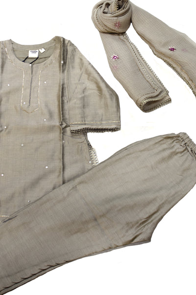 Chanderi Silk Mirror Work and Gota Lace Girls Kurta Set in Safari