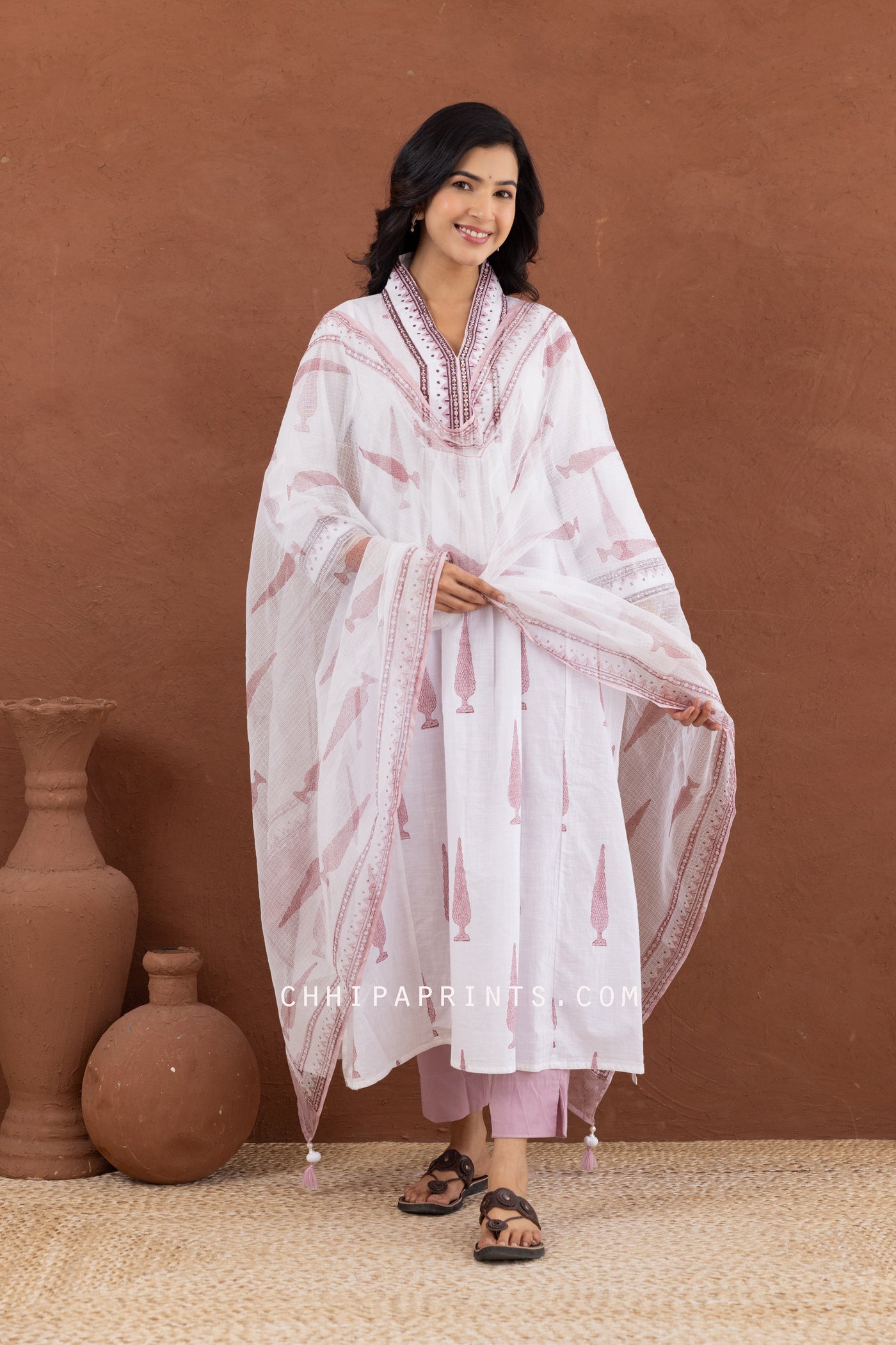 Cotton Block Print Mughal Buta Kurta Set in Cameo Pink