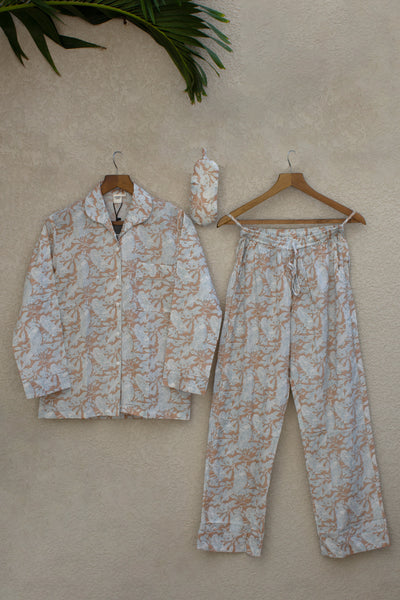 Cotton Bird Print Night Suit with Eye Mask in Peach