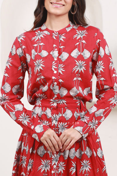 Cotton Bird Print Shirt & Skirt Co Ord set In Red