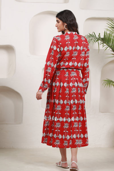 Cotton Bird Print Shirt & Skirt Co Ord set In Red