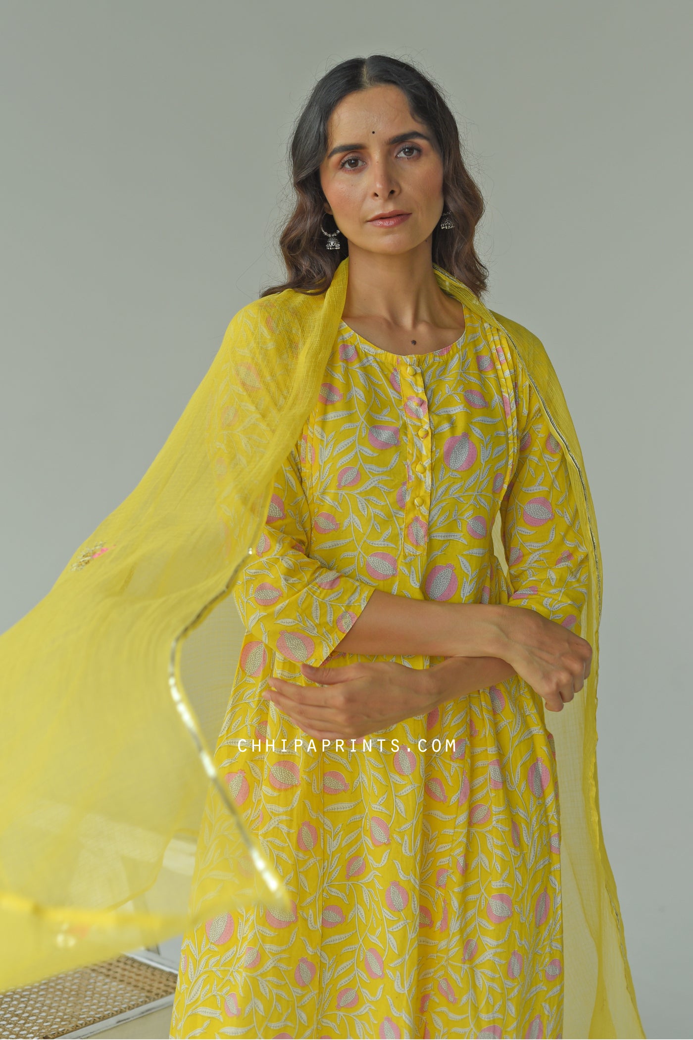 Cotton Anar Jaal Kurta Set in Yellow (Set of 3)