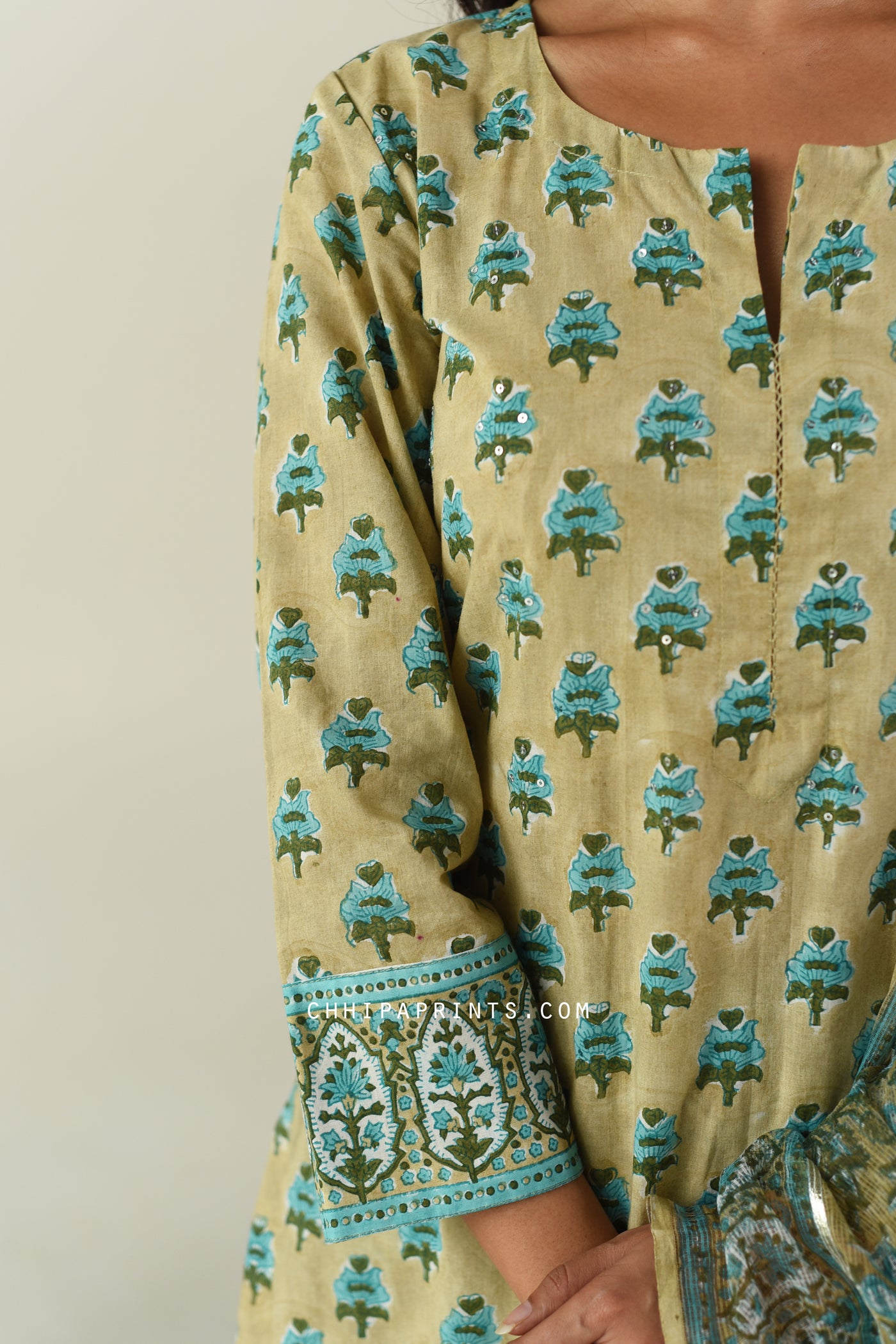 Cotton Gud Buti Block Print Suit Set in Shades of Tan and Turquoise Blue