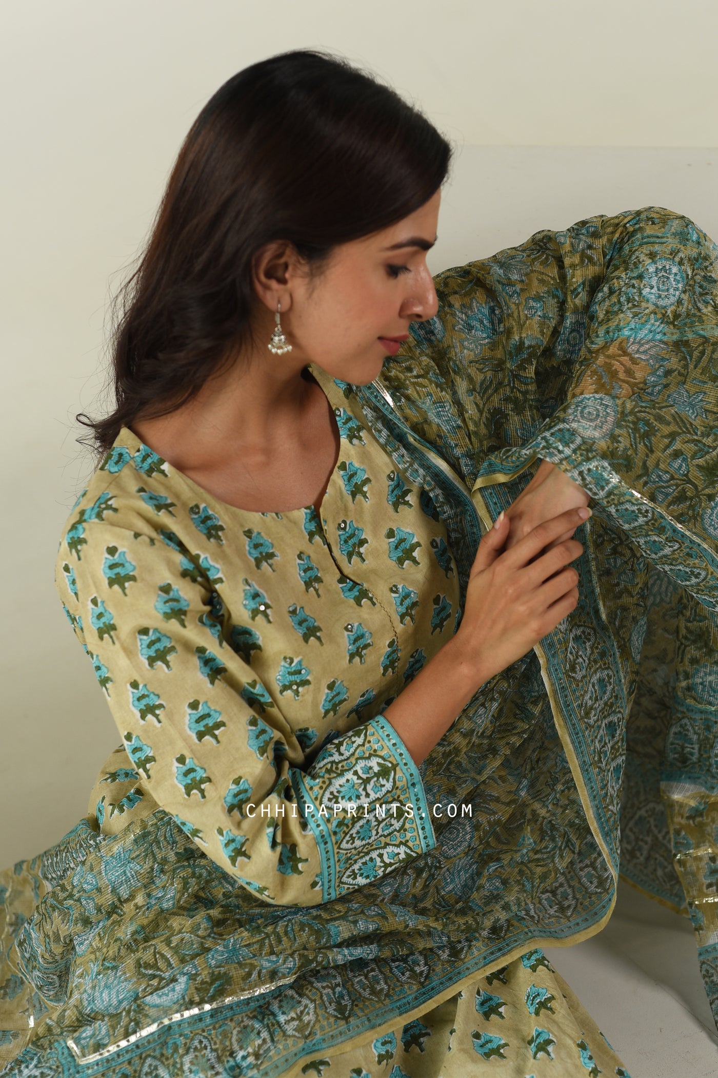 Cotton Gud Buti Block Print Suit Set in Shades of Tan and Turquoise Blue