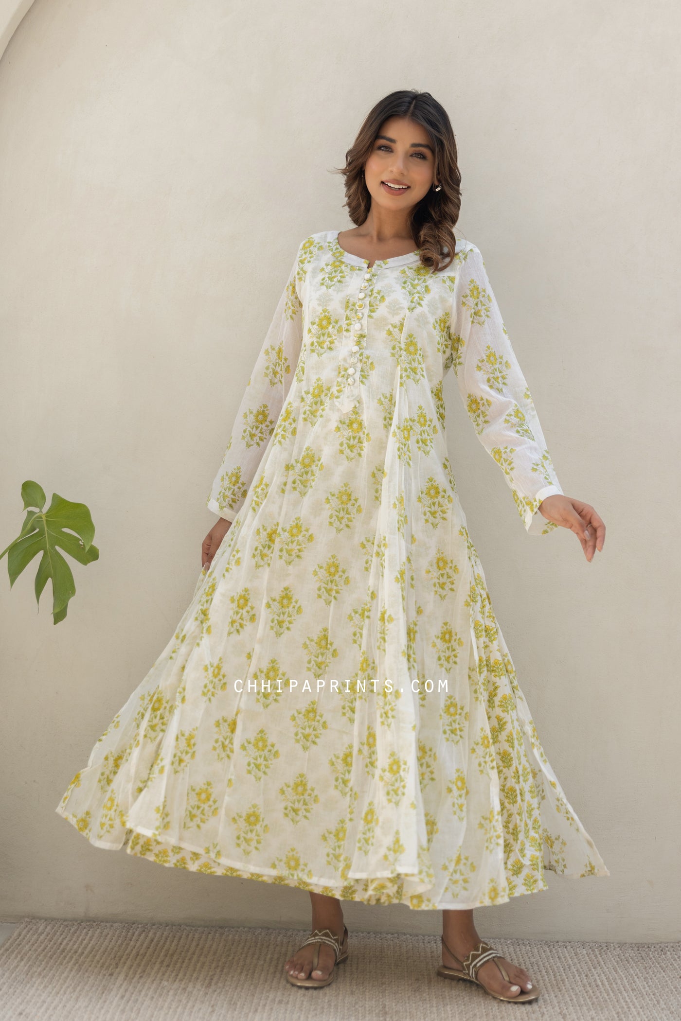 Cotton Mahin Buti Kalidar Maxi Dress in Shades of Lime Green