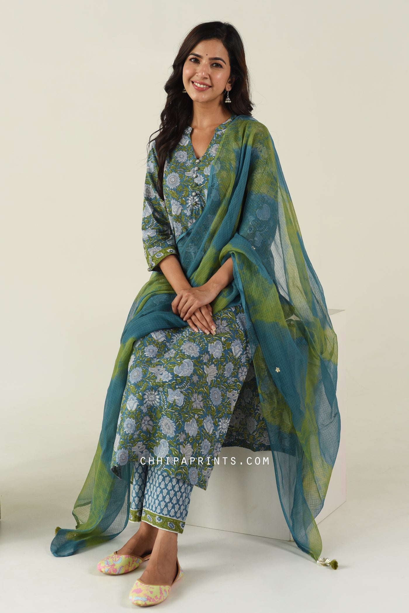 Cotton Mughal Jaal Kurta Set in Shades of Green and Blue