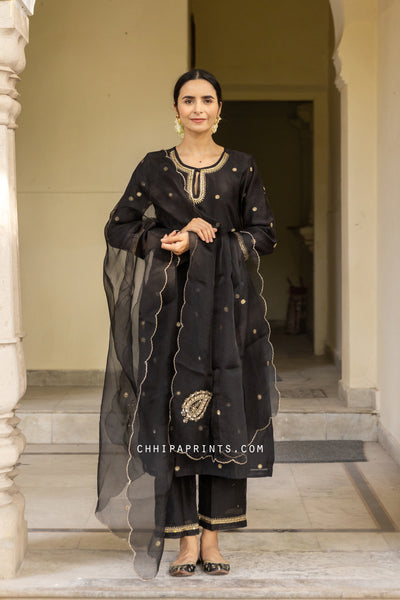 Chanderi SIlk Hand Embroidery Suit Set in Black from Jashn Collection