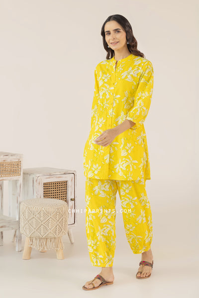 Cotton Hand Printed Floral Co Ord Set in Yellow