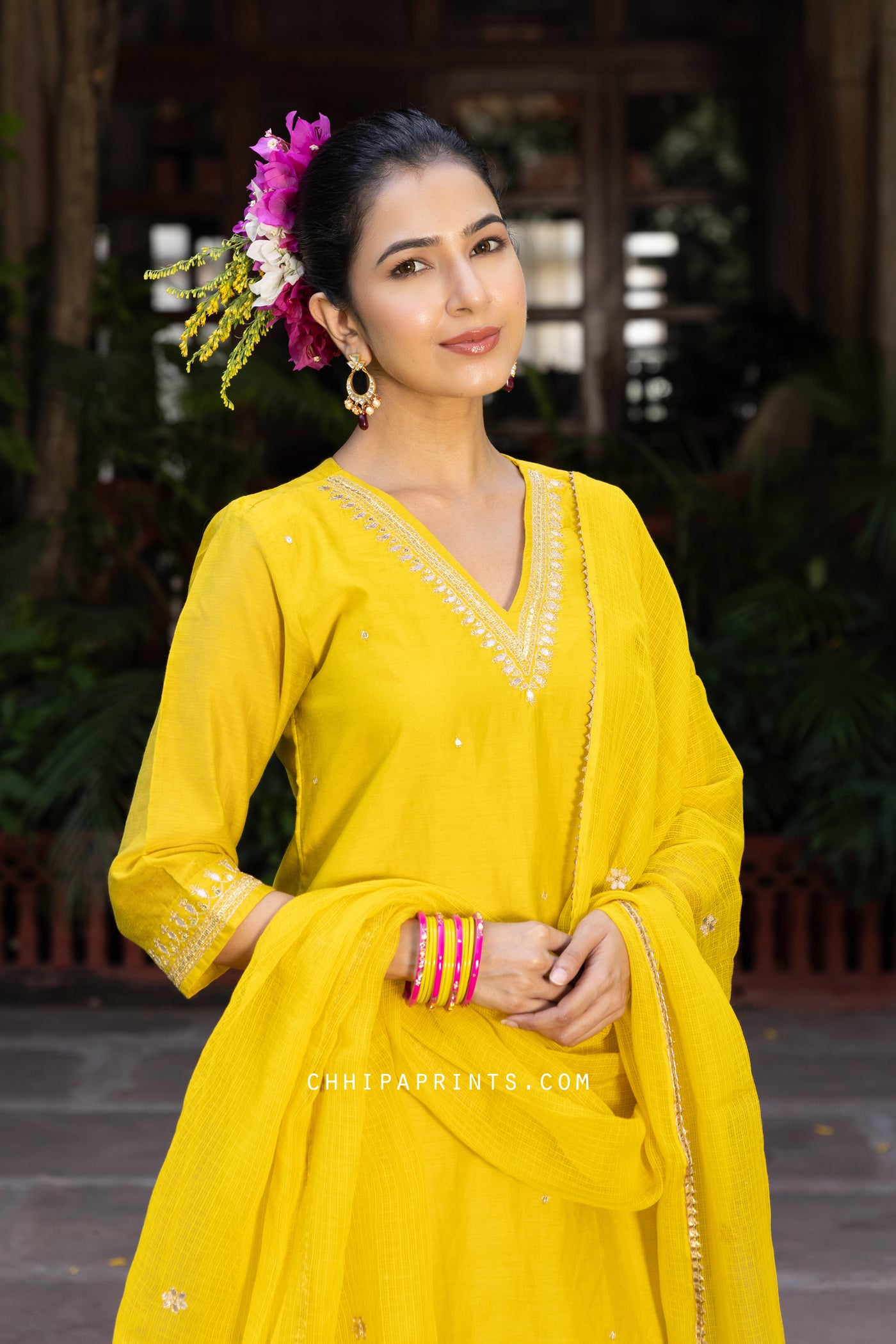 Chanderi SIlk V Neck Gota Patti Suit Set in Sulphur Yellow