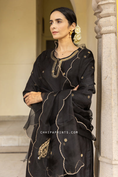 Chanderi SIlk Hand Embroidery Suit Set in Black from Jashn Collection