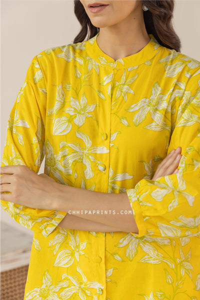 Cotton Hand Printed Floral Co Ord Set in Yellow
