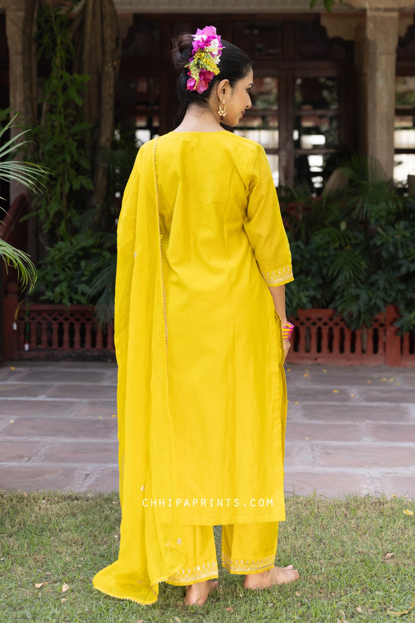 Chanderi SIlk V Neck Gota Patti Suit Set in Sulphur Yellow