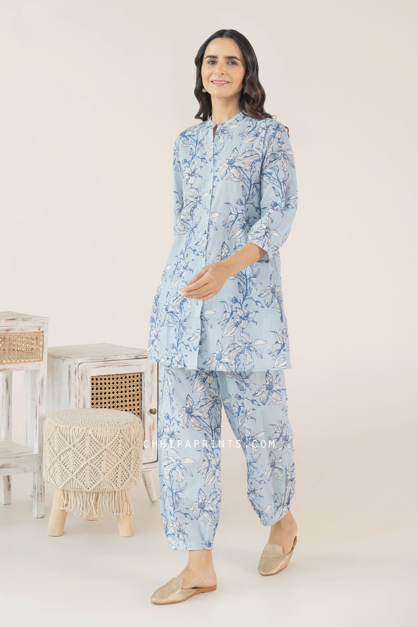 Cotton Hand Printed Floral Co Ord Set in Powder Blue