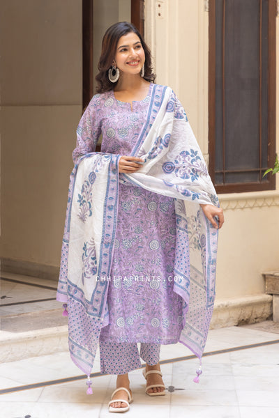 Chanderi Silk Block Print Mughal Jaal Kurta Set in Lavender Fog