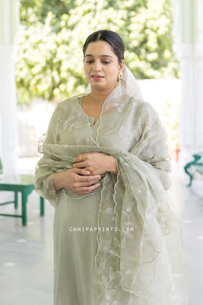 Chanderi Silk Mukaish Kurta Set with Organza Lace in Slate Grey
