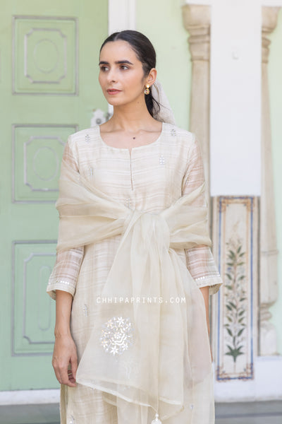 Chanderi Silk Dobby Gota Patti Suit Set in Oyster Grey from Inaayat Collection