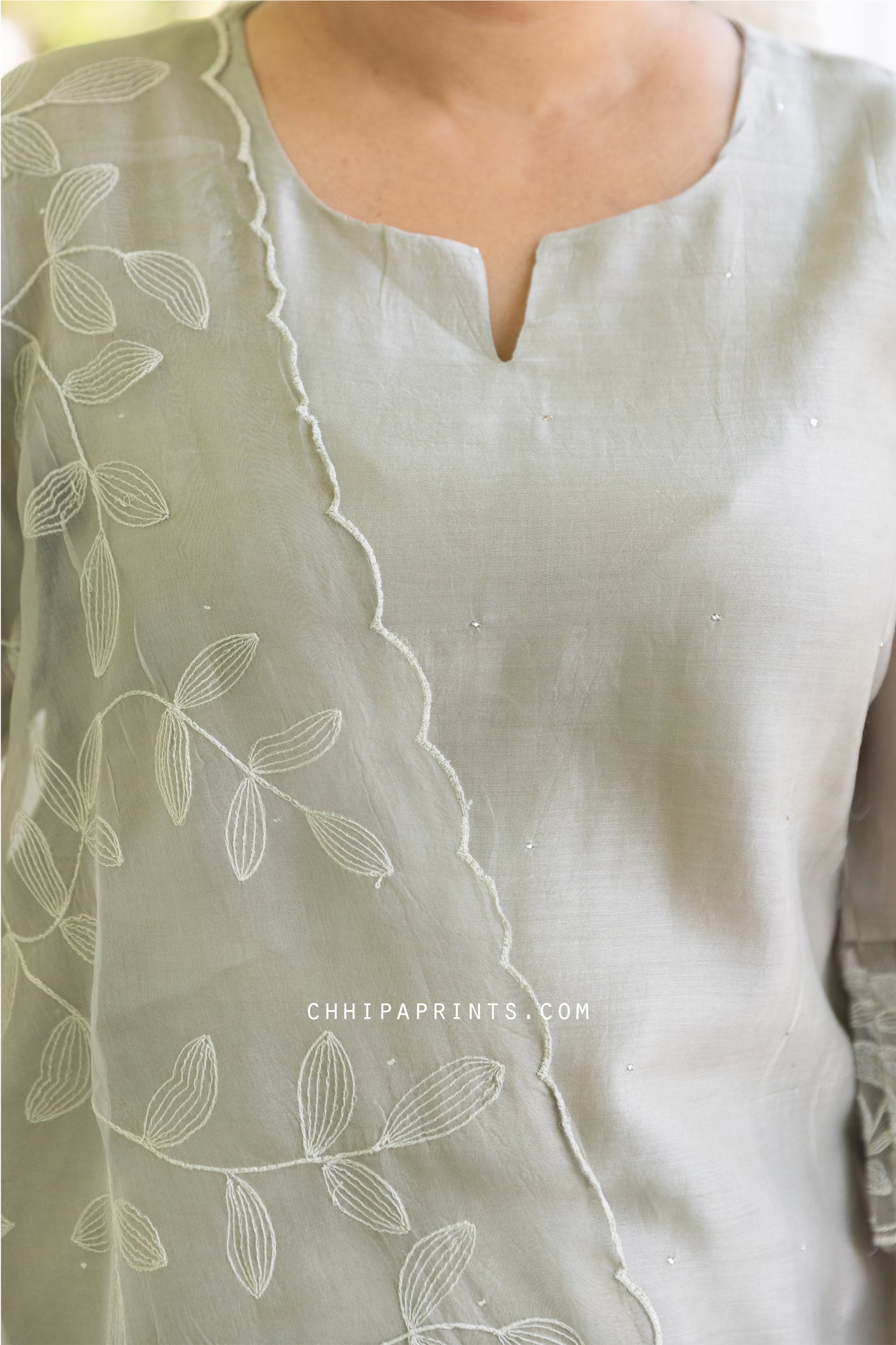 Chanderi Silk Mukaish Kurta Set with Organza Lace in Slate Grey