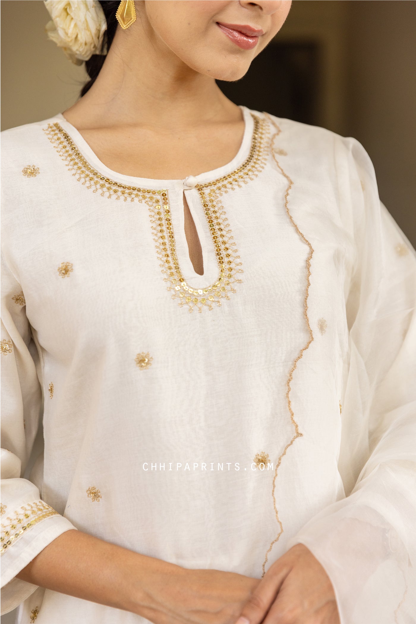 Chanderi SIlk Hand Embroidery Suit Set in Ivory from Jashn Collection