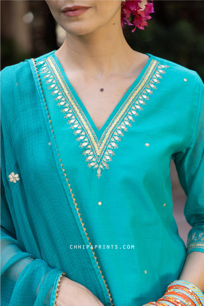 Chanderi SIlk V Neck Gota Patti Suit Set in Turquoise