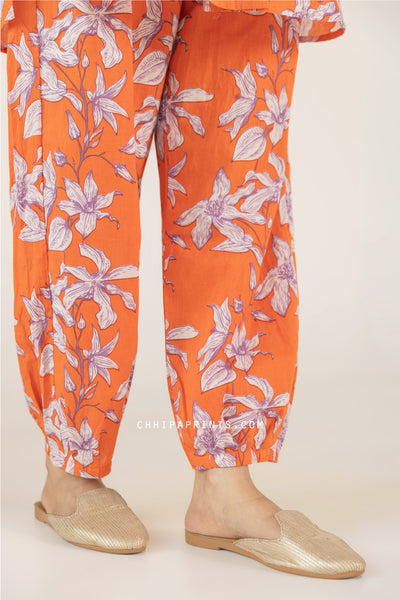 Cotton Hand Printed Floral Co Ord Set in Orange