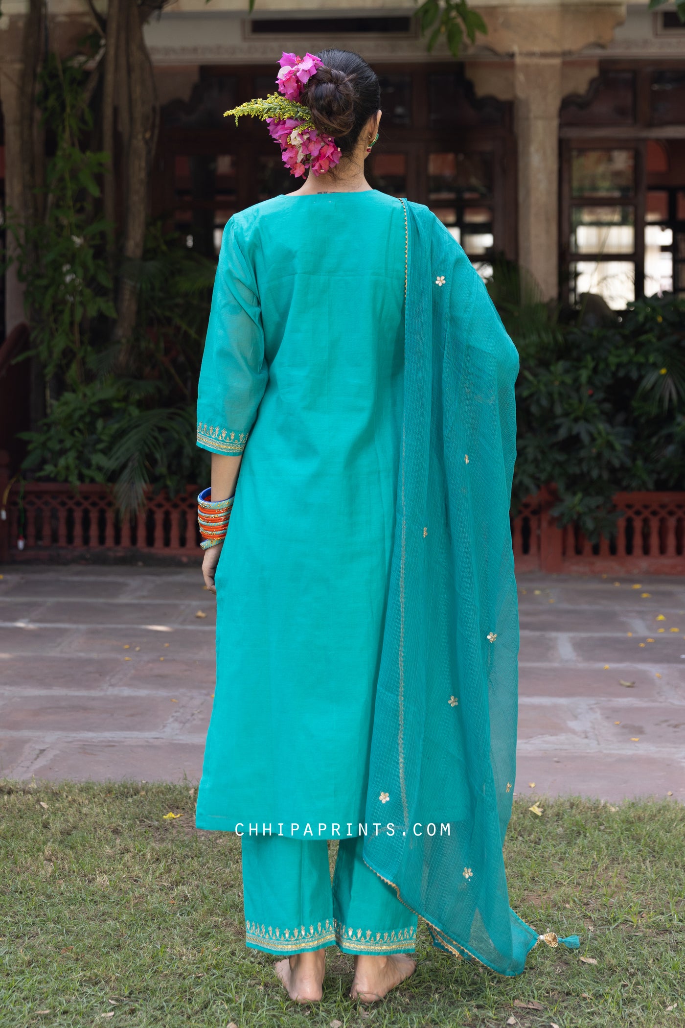 Chanderi SIlk V Neck Gota Patti Suit Set in Turquoise