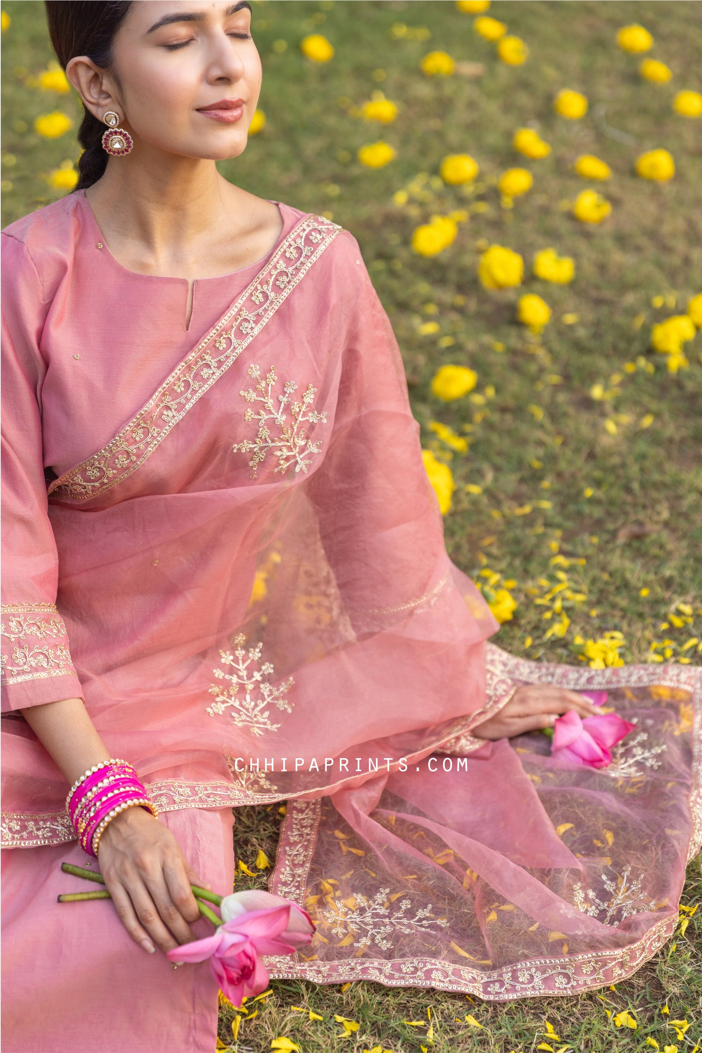 Chanderi Silk Hand Crafted Dabka Embroidery Suit Set in Blush Pink