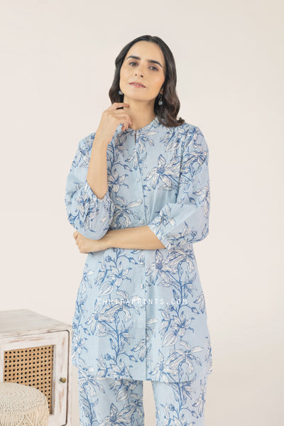 Cotton Hand Printed Floral Co Ord Set in Powder Blue